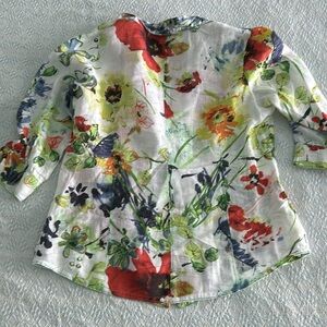 COLDWATER CREEK LINEN ZIPPERED JACKET BEAUTIFUL COLORFUL FLORAL & TOP STITCHED